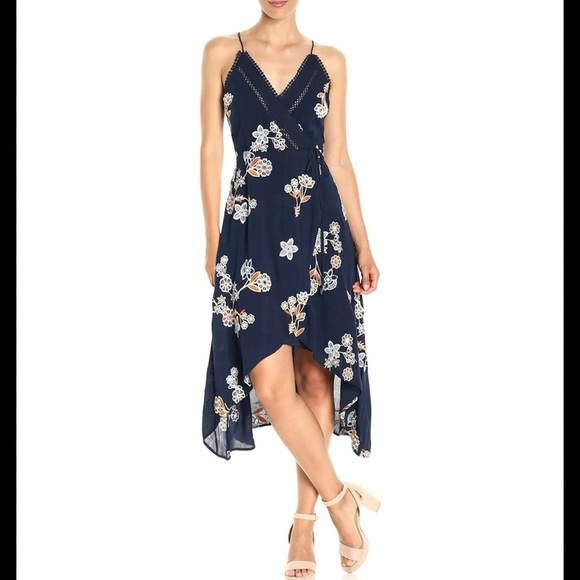 J.O.A. Women’s Hi-Lo Midi Navy Crinkled Floral Embroidered Wrap Dress, Size Lg - Picture 1 of 16